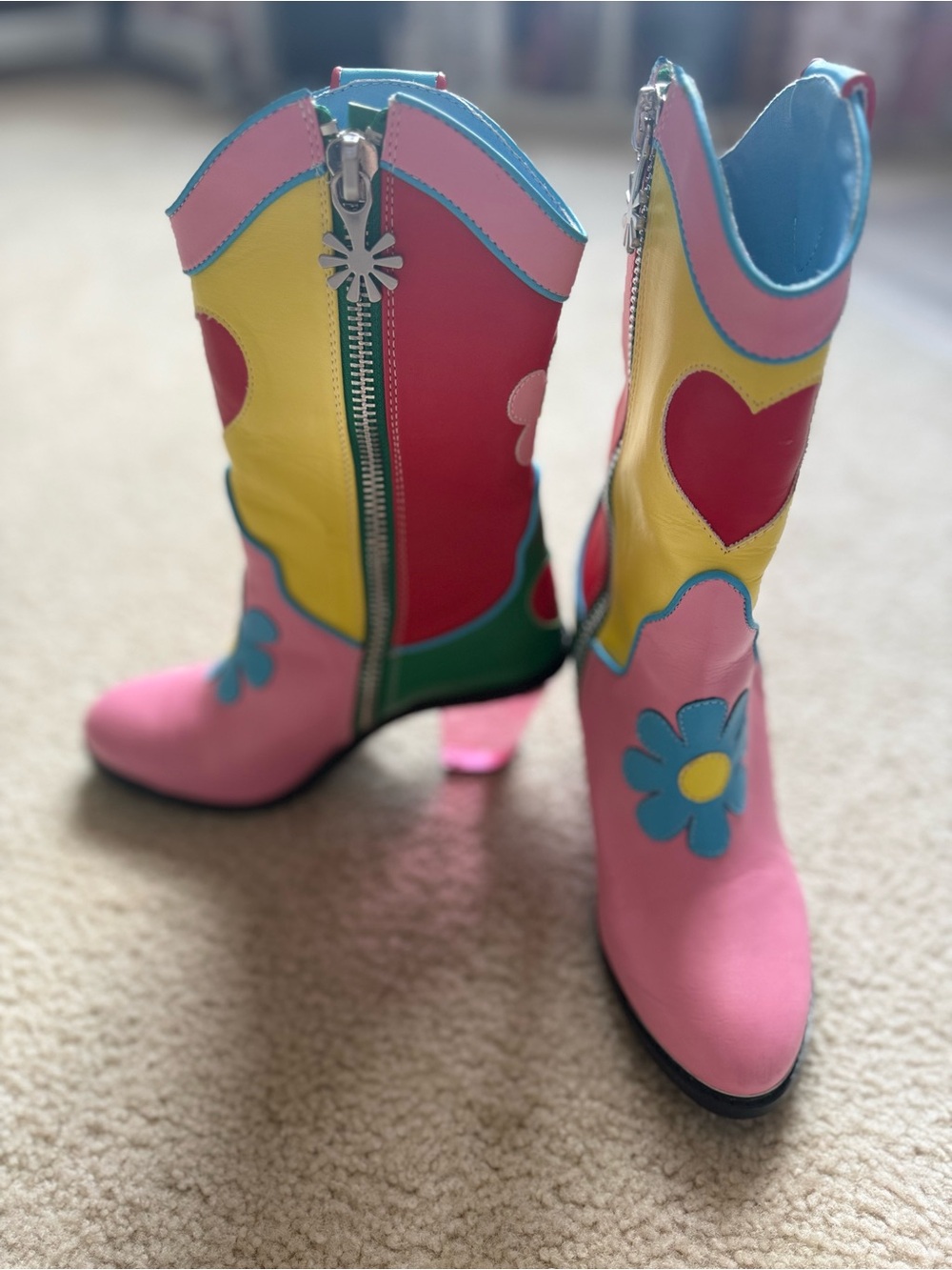 Dolls Kill Pink Yellow Blue Floral Heart Western Heeled Boots